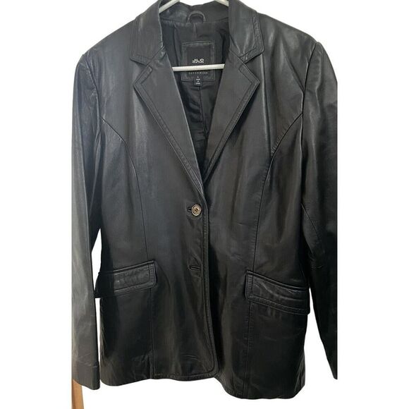JLC New York Womens Large Leather Coat Jacket Black Two Button Front Pockets - Picture 1 of 4